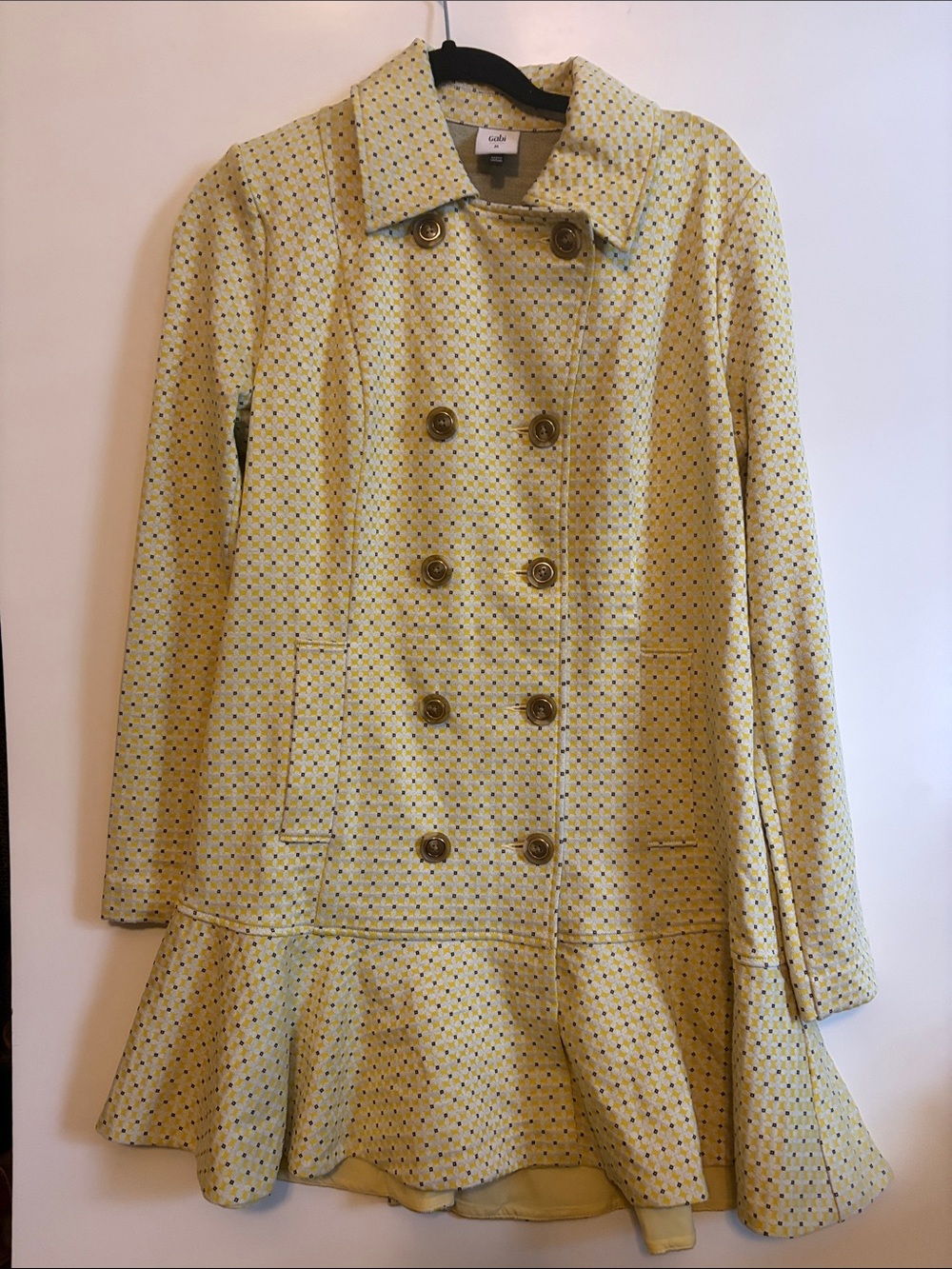 Cabi Hobnob double breasted jacket coat knit yellow topper ruffle duster medium